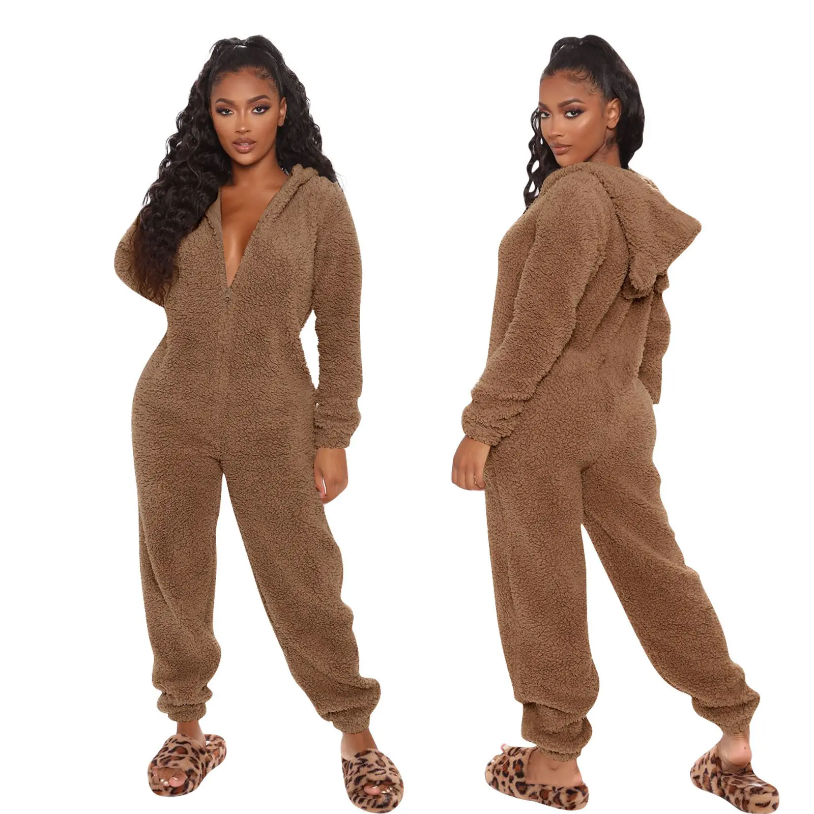 Factory custom Hooded Flannel 3D Ear Long Sleeve Zipper Jumpsuits Winter Fleece Ladies Jumpsuits Velvet Onesie For Women Pajamas