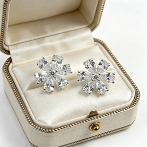 925 Silver Cubic Zirconia Flower <b>Stud</b> Earrings, Hypoallergenic Sparkling Five-Petal Zircon Earrings for Women, Daily & Gift UseV - Product Image 1