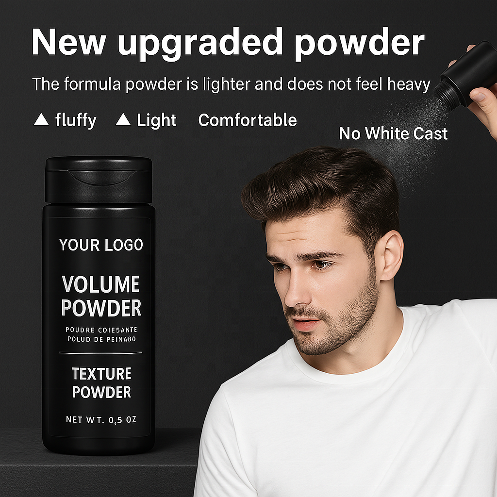 Man applying styling powder - Fine powder falling onto dark hair