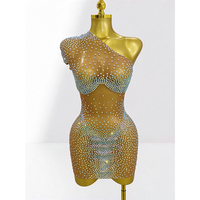 Robe Mini Sexy Moulante en Maille Transparente à Strass AB Asymétrique à une Épaule pour Soirée en Club – Grande Vente