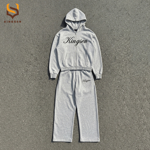 Oversized Heavyweight Tracksuit <b>Set</b> <b>Men</b> Custom Logo Full Zip Cropped Hoodie and Baggy Sweatpants Boxy Fit Fleece Hoodie <b>Set</b> - Product Image 3