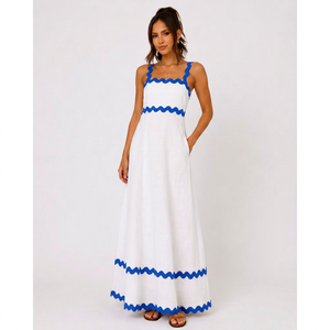 Vestido blanco sin mangas para mujer con detalle de ondas azules, vestido informal de verano, elegante vestido de playa para resort - Product Image 1