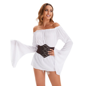 Top Negro de Manga Larga con Hombros Descubiertos y Cinturón para Mujer, Disfraz Renacentista, Camisa Pirata, Atuendo para Actuación en Escenario - Product Image 5