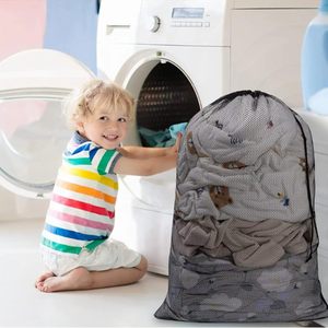 Washable Recycle <b>Foldable</b> Large Drawstring <b>Laundry</b> Bag Mesh Shoe Wash Clothes <b>Laundry</b> <b>Basket</b> Black Wash Bag - Product Image 2