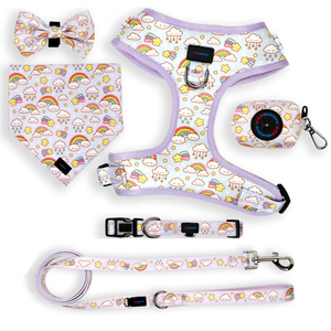 Paquete de arnés para perros de arcoíris y nubes moradas de lujo, arnés ajustable para mascotas con correa, collar, pajarita, pañuelo y soporte para bolsa de caca - Product Image 1