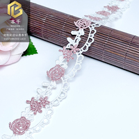 LEIXUSI Dentelle soluble dans l'eau rose et blanche de 2 cm, broderie florale pour collier ras-du-cou DIY et accessoires vestimentaires
