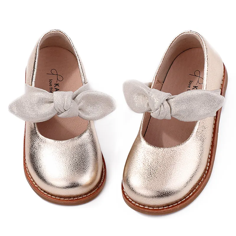 Genuine Leather Baby Shoes Bowknot Gold Color Children's Party Shoes Girls' Dress Shoes