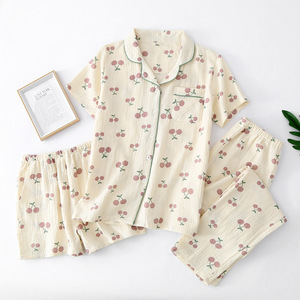 Crêpe Broek Fabriek Direct Puur Katoenen Zachte Revers Pyjama Fabrikant Bedrukte Pyjama Driedelige Set Groothandel - Product Image 5