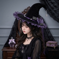 Chapeau de sorcière noir et violet, style gothique Lolita, accessoire de cosplay, chapeau pointu à volants et nœud pour Halloween