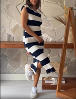 2025 été décontracté plage robe mi-longue en gros 100% coton ajusté coupe droite cou rayé motif taille naturelle