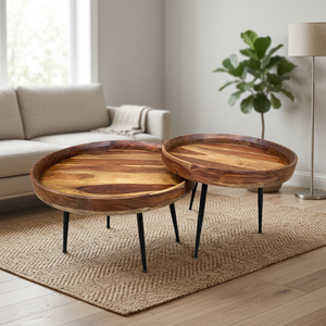 Ensemble de 2 tables basses rondes en bois massif, style mid-century moderne, meubles de salon, pieds en métal, Jangid Art & Crafts - Product Image 1