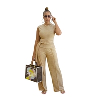 Ensemble deux pièces d'été ample et uni pour femme : haut sans manches respirant et pantalon large