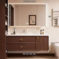 Ensemble de meuble-lavabo mural moderne et minimaliste en contreplaqué noir à double tiroir avec vasque intégrée et armoire à miroir LED