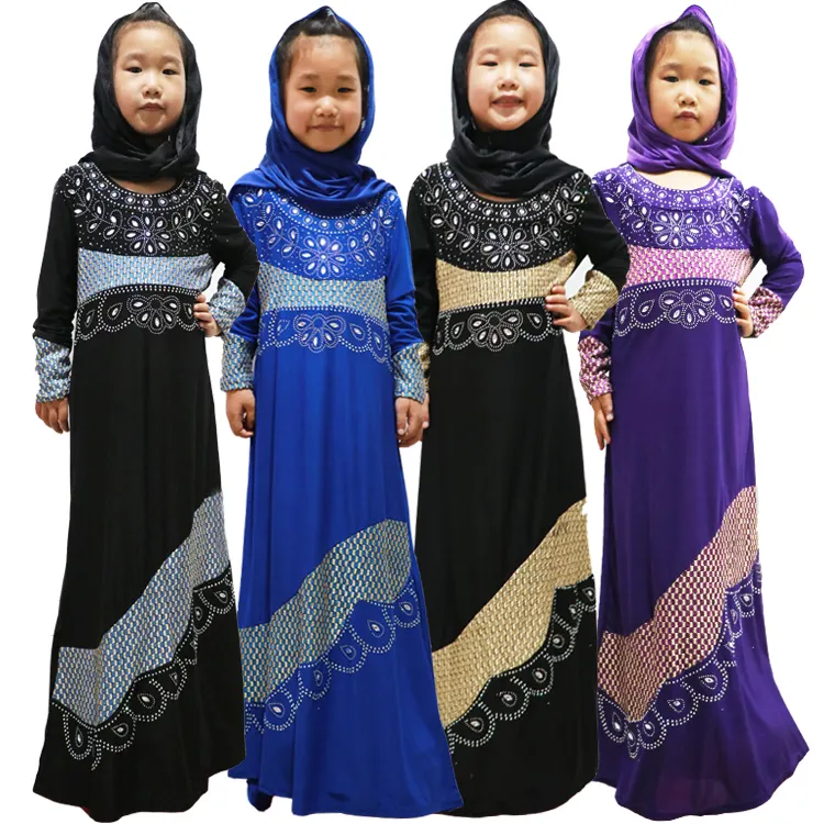 2022 고품질 이슬람 Abaya 기모노 다채로운 빛나는 아이 여자 Abaya Hijab 드레스 여성 어린이 긴 소매 중동 1000