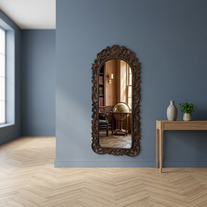 Handcrafted Walnut Brown Sheesham Wood Carved Rectangular Wall <b>Mirror</b>-Wholesale Traditional Frame - Product Image 3
