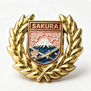 Badge souvenir en métal Sakura Shield plaqué or, émail dur, avec le mont Fuji et des fleurs de cerisier - Product Image 3