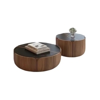Ensemble de table basse de salon d'hôtel moderne avec rangement, base en bois et marbre noir, table basse ronde