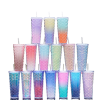 Gobelet de voyage en plastique à double paroi givré de 24 oz pour l'extérieur avec couvercle et paille, motif écailles de sirène