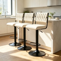 Cremefarbener, getufteter, drehbarer Barhocker mit gewebter Rückenlehne, Thekenstuhl aus mattschwarzem Metall für Kücheninsel, Hausbar und Café