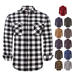 Men Plus Size Cotton Double Pocket shirt single Brushed Plaid Long Sleeve Shirt yarn dyed funky check shirts for men