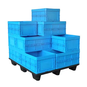 Uni-im Lặng Gấp Container Doanh Thu Hộp Stackable Ráp Lưu Trữ Crate Màu Xanh Đục Nhựa Gấp Crate LX604022C-U