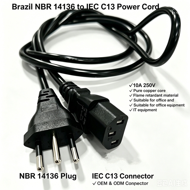 Brazil 3-Pin NBR14136 to IEC C13 Power Cord 10A 250V 1.5m, 3x0.75mm² OEM & ODM Supported for Monitor & PC