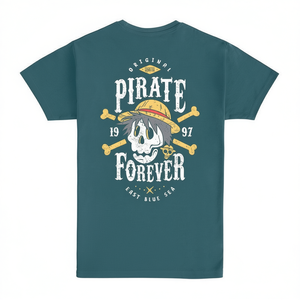 T-Shirt Pirate Forever, Design Teschio Pirata in Teal Scuro, Grafica Mare Blu Orientale, Maglietta Promozionale Unisex - Product Image 2