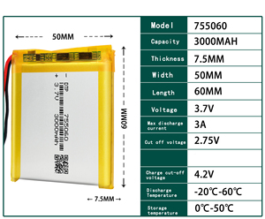 Batería de Iones de Litio 755060 de 3000mAh y 3.7V, Precio de Fábrica al por Mayor, Polímero en Oferta, Polímero Personalizado - Product Image 3