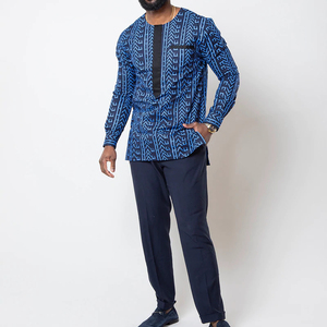 Chemise traditionnelle à imprimé africain Bleu marine Imprimé Hommes Top 100% Chemise en coton ciré pour la nouvelle saison - Product Image 3