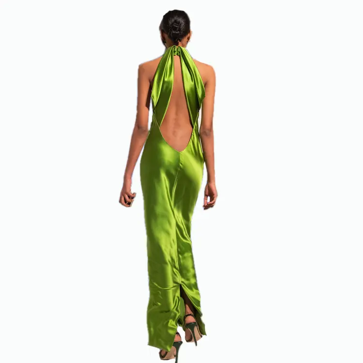 ชุดเดรสผ้าซาตินของผู้หญิง,ชุดเดรสผ้าไหมเปิดหลังสีเขียวเซ็กซี่ยาวสำหรับงานปาร์ตี้ฤดูร้อน