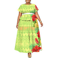 Gaun Pesta Elegan Puletasi Wanita Ukuran Besar Khusus, Motif Bunga Daun Etnik Pulau Pasifik, Lengan Pendek, Berlapis, Berpinggang Tinggi