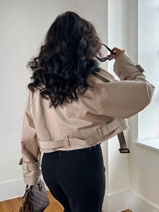 Haute qualité printemps Streetwear à manches longues avec ceinture bouton unique <span class=keywords><strong>court</strong></span> femmes recadrée <span class=keywords><strong>Trench</strong></span> <span class=keywords><strong>kaki</strong></span> revers vestes manteau - Product Image 6