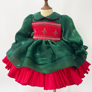 Wholesale Green Color Smocked Dress Shiny Organza Fabric Short Sleeve Embroidered Christmas Tree Formal Style Christmas Party - Product Image 1