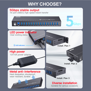 Sipolar A-316 16 <strong>Port</strong> USB 3.0 <strong>Hub</strong> Powered USB Splitter 12V 10A Adapter Data <strong>Hub</strong> for Tablet Phone Charging Station - Product Image 5