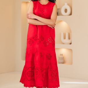 Vestido de Lino y Algodón a la Moda, Cuello Redondo, Casual, Sin Mangas, Bordado, Midi, Vestido de Verano para Mujer - Product Image 3