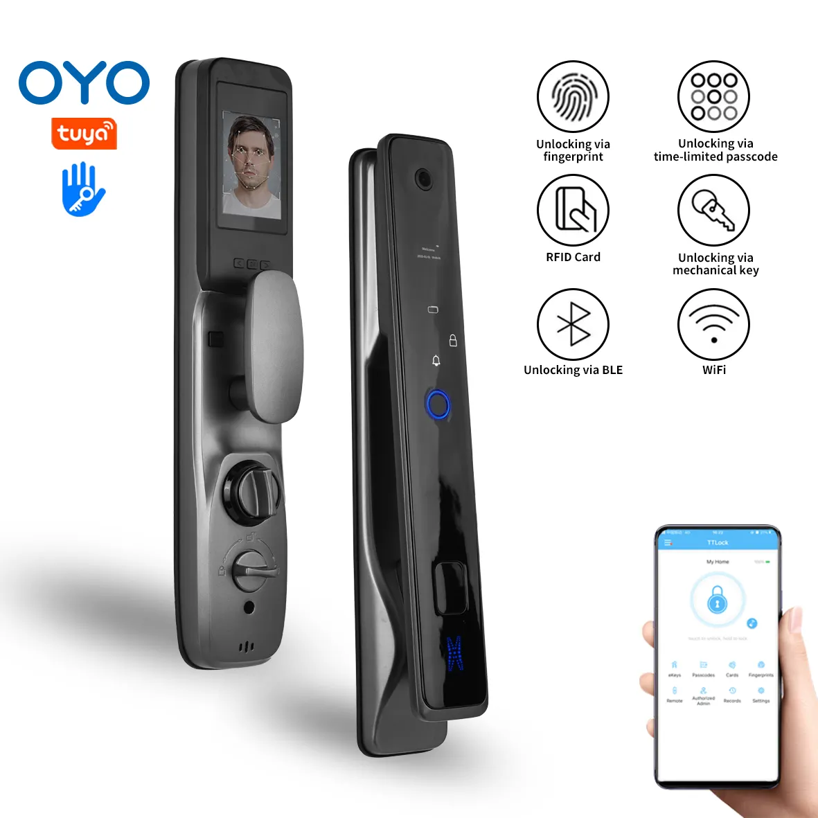 OYO Smart Portable Keyless Elegant Video Intercom 3D Face Unlock Recognition Small Door Lock Fingerprint