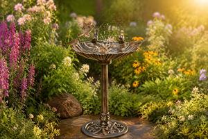 Bain d'oiseaux festonné en résine, finition bronze antique, résistant aux intempéries, sur piédestal, alimenté à <span class=keywords><strong>l</strong></span>'énergie solaire, écologique, pour oiseaux aquatiques - Product Image 6
