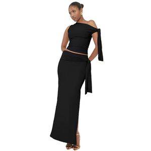 Women's Summer Slim Fit <b>Tie</b> Long Dress Set Asymmetrical Neck Sleeveless Top Short Casual Street Style Skirt Solid Plain Dyed - Product Image 4