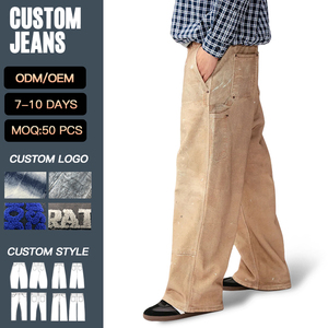 <span class=keywords><strong>Pantalon</strong></span> YUCE en toile épaisse personnalisé à double genouillère, 100 % coton sergé, coupe droite ample pour homme, effet délavé, style peintre et charpentier - Product Image 4