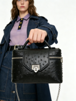 Tas Kotak Kulit Motif Burung Unta Mewah Vintage dengan Ritsleting, Tali Rantai Metalik, dan Pengunci Lipat, Tas Selempang Wanita Unik