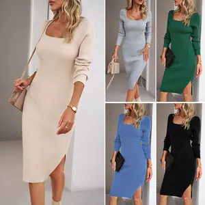 Europäische und amerikanische Damen Square Neck Woll kleid Herbst/Winter Außenhandel Frauen Elegantes Langarm-Freizeit kleid