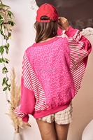 Sweat-shirt pour femme en gros, tendance, rose vif, imprimé léopard, patchwork, col rond surdimensionné