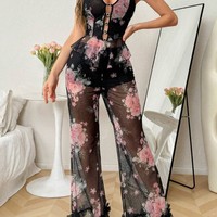 Ensemble de Nuit Sexy en Maille Florale 2025 - Nuisette Transparente, Caraco et Robe de Chambre, Lingerie Élégante, Pyjama et Vêtements Intimes pour Femme
