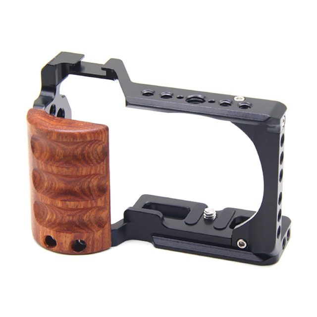 KAMPHO Wood Handle Metal Camera Cage for Sony ZV E10 ZVE10 With Quick Release Plate, 1/4'' 3/8'' Threaded Holes and Cold Shoe