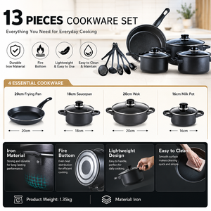 Batterie de cuisine en fonte antiadhésive 13 pièces, comprenant une poêle à frire de 20 cm, des casseroles de 18/20 cm, une casserole à lait de 16 cm et 6 spatules, compatible tous feux - Product Image 3