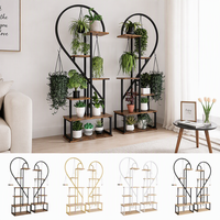 Support à plantes en métal en forme de cœur avec roulettes, étagère à fleurs à 5 niveaux, étagère à plantes mobile pour jardin avec crochets de suspension pour intérieur et extérieur