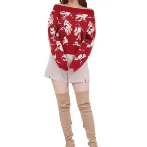 새로운 스타일 원 숄더 탑 꽃무늬 니트웨어 크리스마스 스웨터