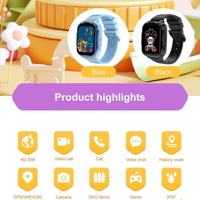 4G SIM IP67 Waterproof  Kids Smartwatch GPS Camera SOS Button Anti-lost Tracking Device Exercise Pedometer and with Game