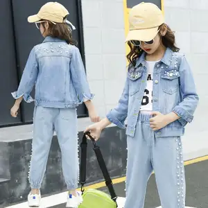 Girl Spring Autumn Denim Set Children's Fashion Pearl Denim Jacket Pants 2 Piece Set Kid Baby Clothes