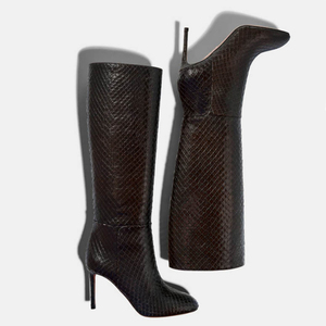 Wide Fit Women's Square Toe Knee High Boots Ladies High Stiletto <b>Heels</b> Shoes Snake Pattern Long Booties - Product Image 4